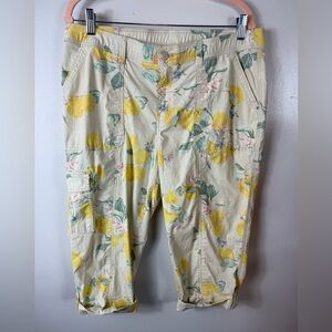 Chicos Capri Pants Floral Lemons Cargo Pockets Yellow Size‎ 16P Spring Summer